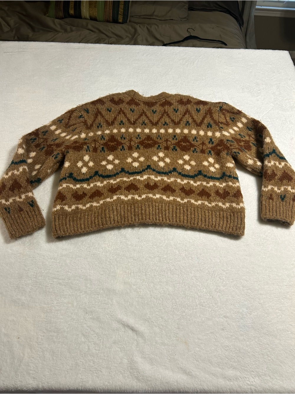 Zara Fair Isle Knit Cardigan Sweater Brown Cream Oversized Size Large - Picture 6 of 8
